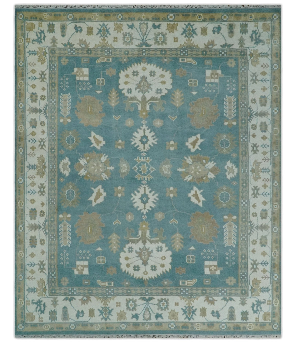 Custom Made Hand Knotted Blue, Ivory and Beige Traditional Oushak Wool Rug