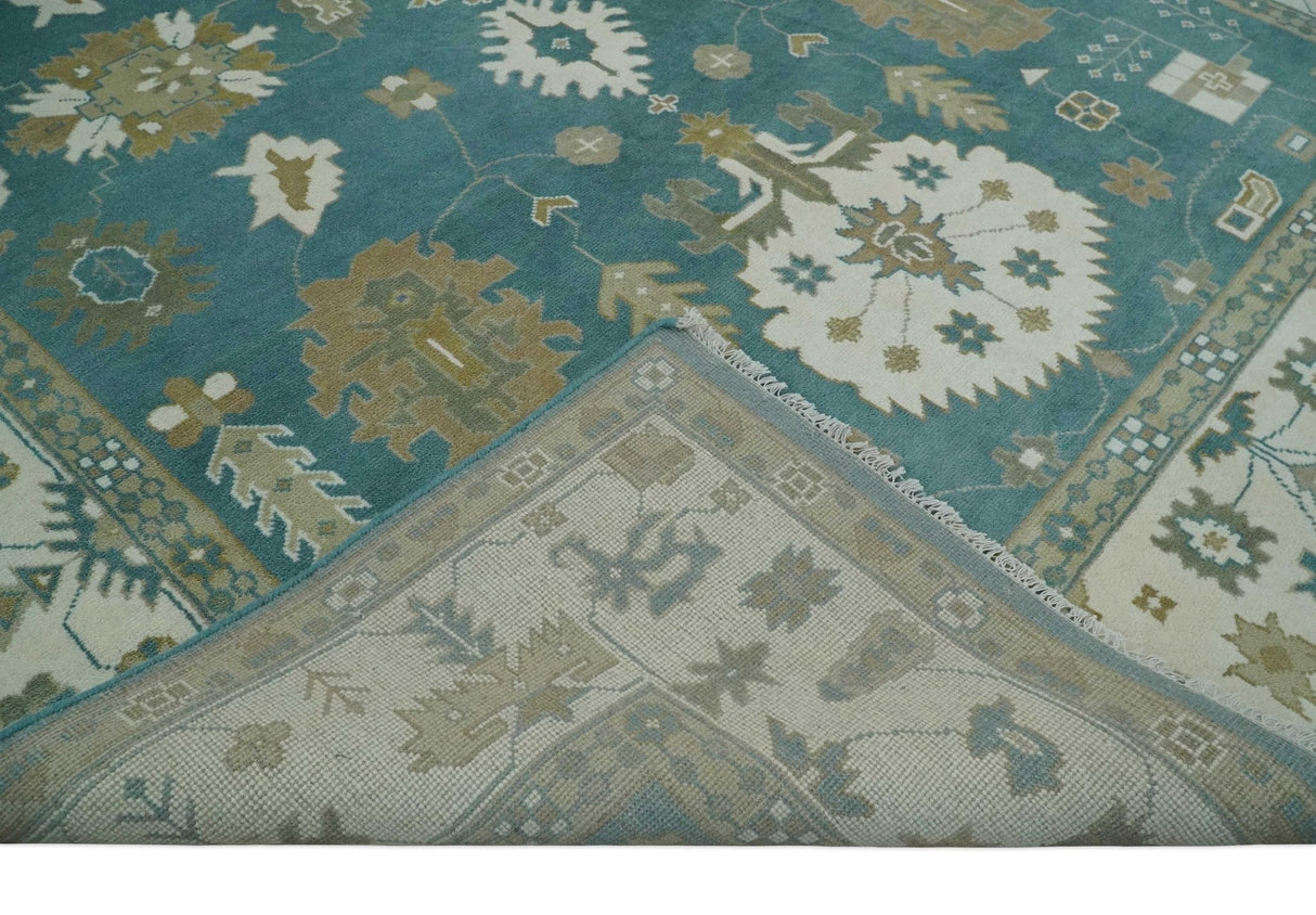 Custom Made Hand Knotted Blue, Ivory and Beige Traditional Oushak Wool Rug