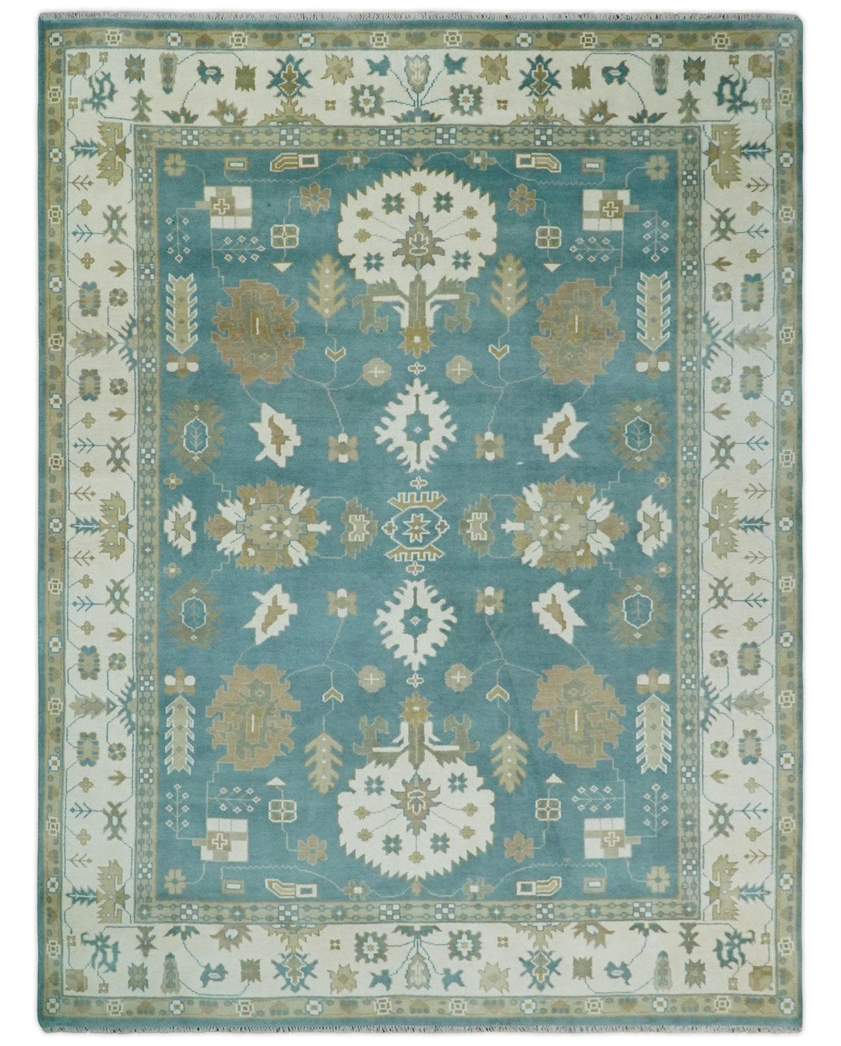 Custom Made Hand Knotted Blue, Ivory and Beige Traditional Oushak Wool Rug