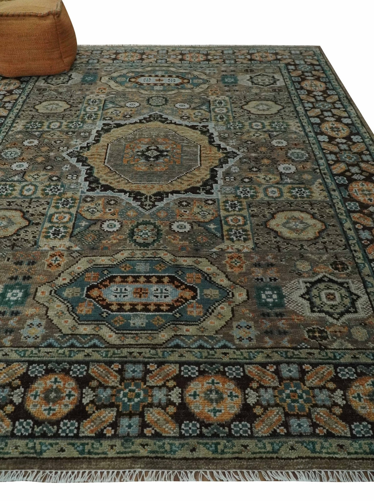 Custom Made Hand Knotted Brown, Black and Silver Traditional Wool Rug