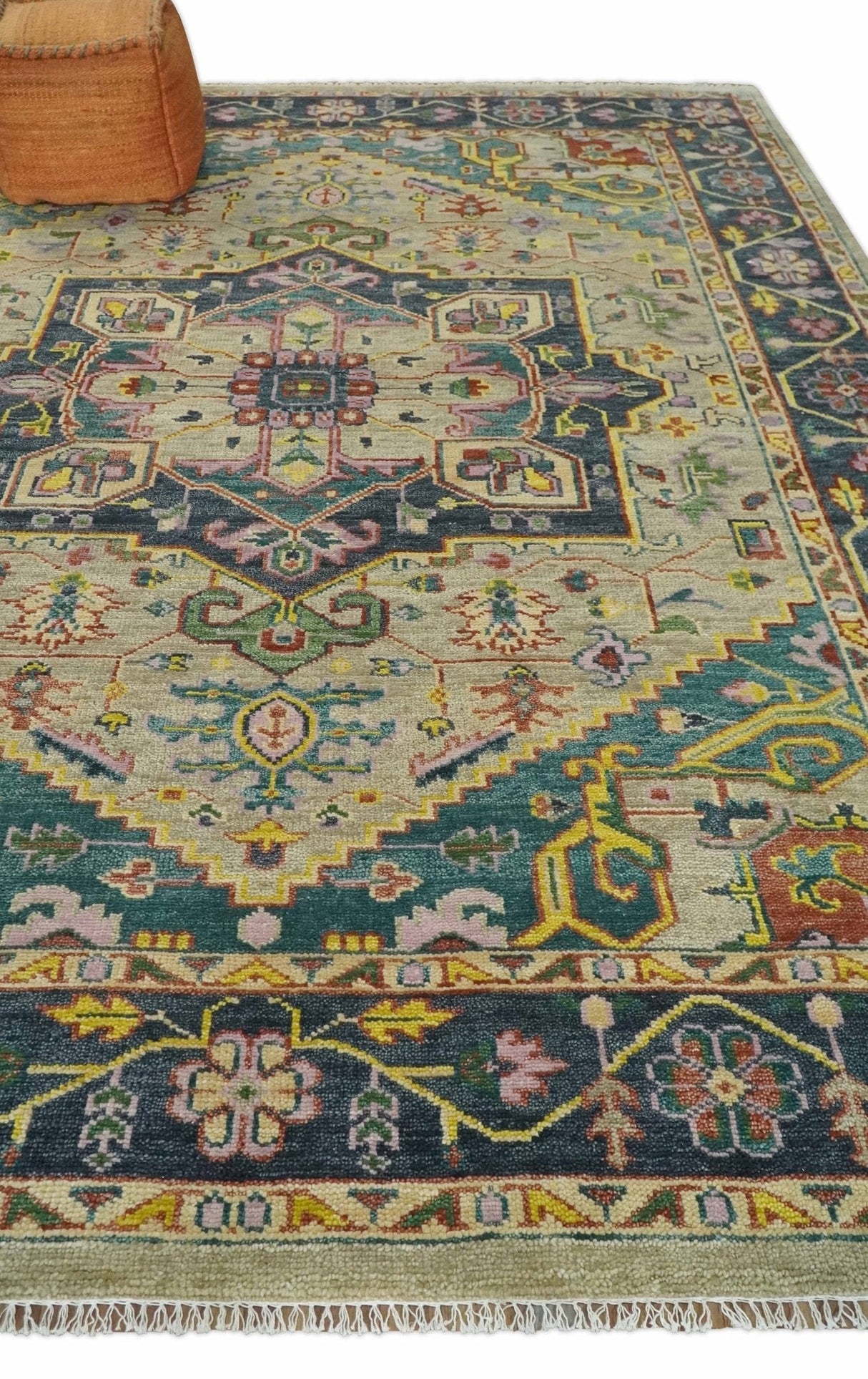 Custom Made Hand Knotted Camel and Charcoal Traditional Heriz Wool Rug
