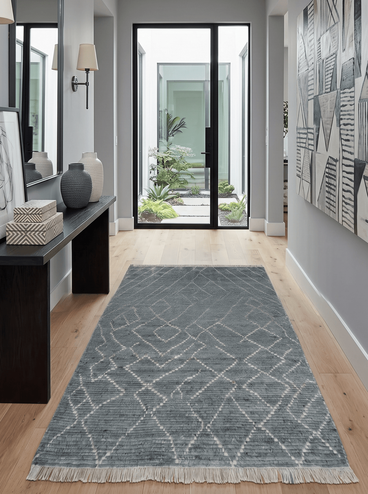 Custom Made Hand Knotted Charcoal and Ivory Moroccan Trellis Rug