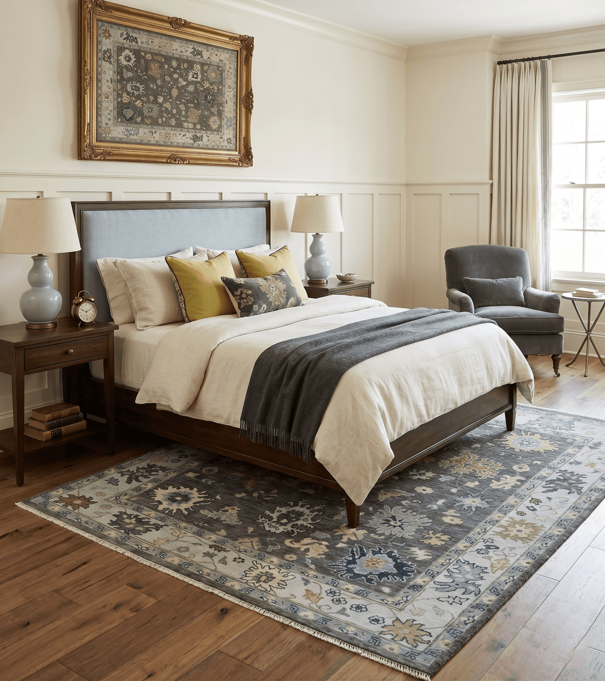 Custom Made Hand Knotted Charcoal and Ivory Traditional Oushak Wool Area Rug