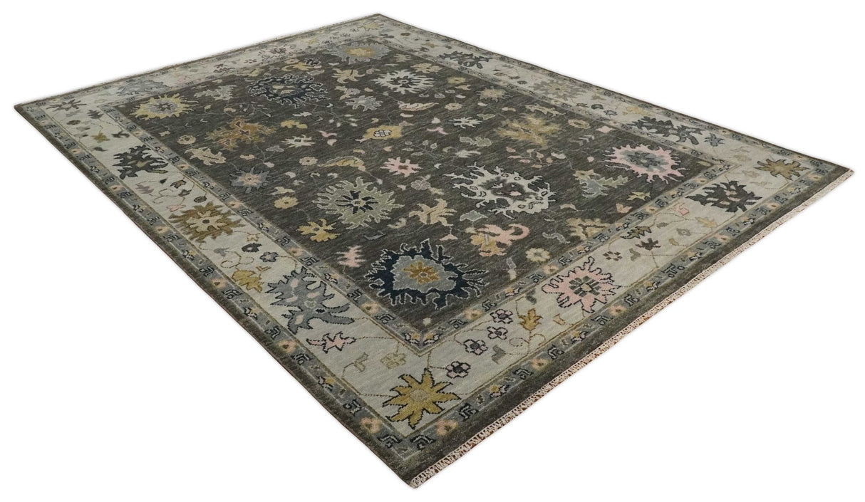 Custom Made Hand Knotted Dark Gray and Beige Traditional Wool Rug