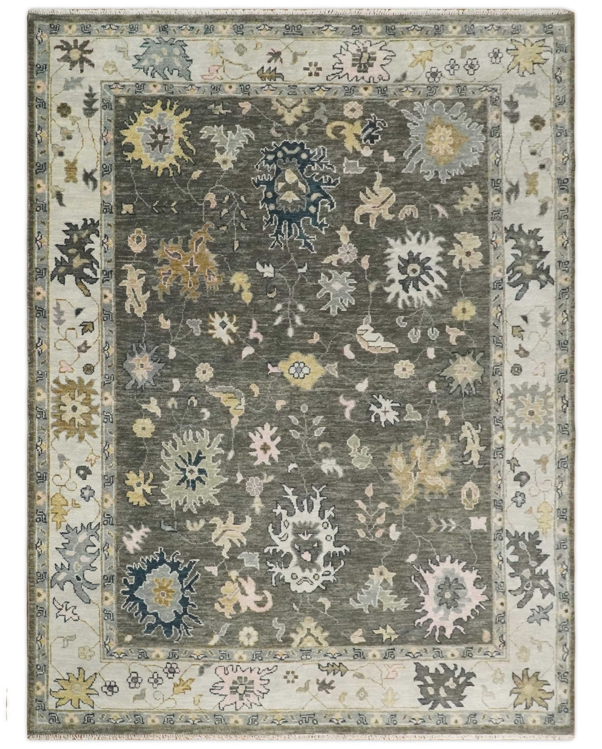 Custom Made Hand Knotted Dark Gray and Beige Traditional Wool Rug