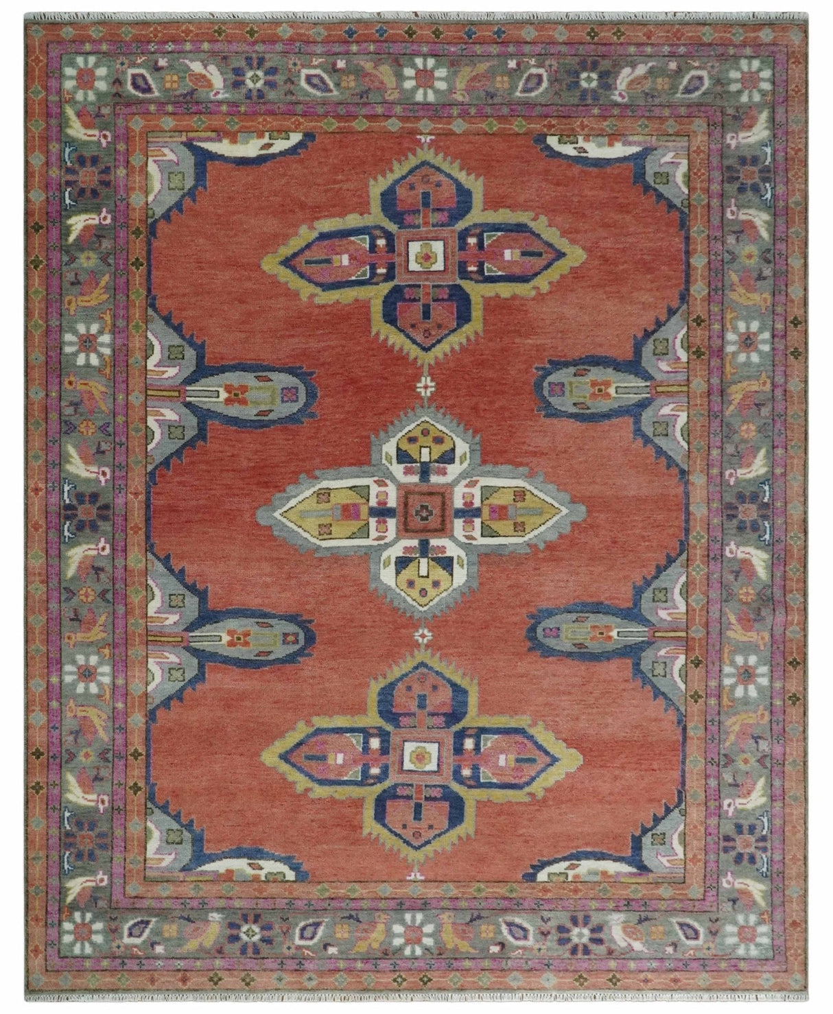 Custom Made Hand Knotted Dark Peach and Silver Traditional Wool Rug