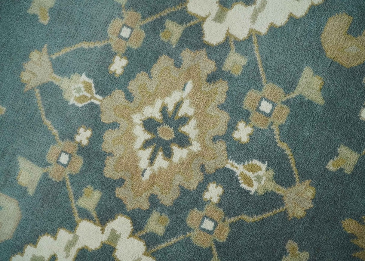 Custom Made Hand Knotted Dark Teal, Ivory and Beige Traditional Multi Size Oushak Wool Rug