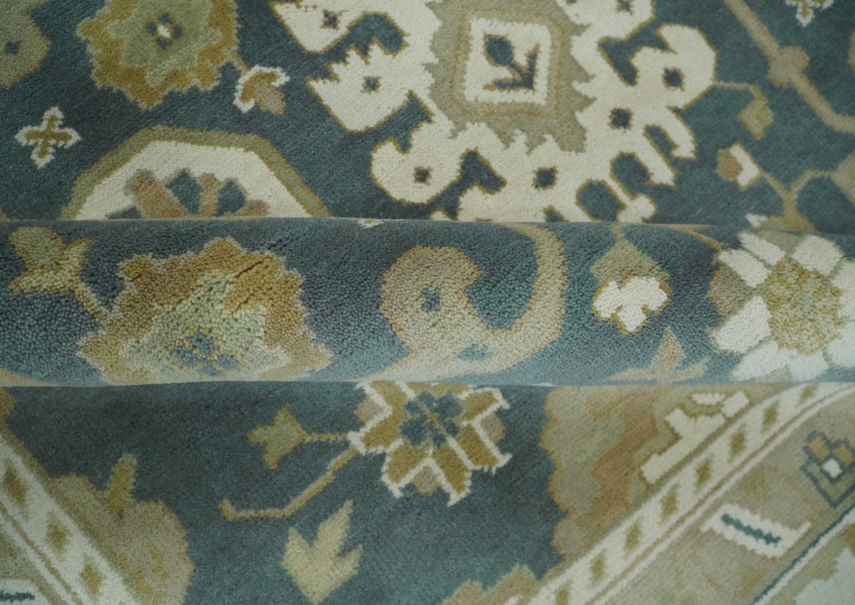 Custom Made Hand Knotted Dark Teal, Ivory and Beige Traditional Multi Size Oushak Wool Rug