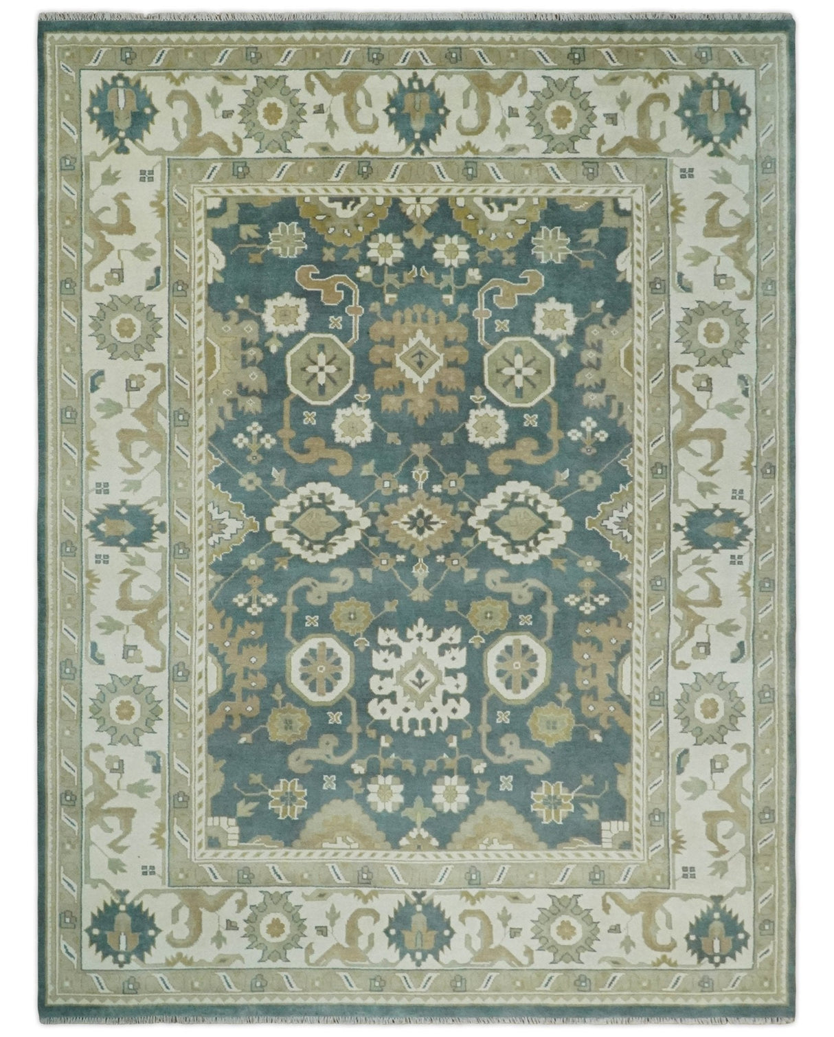 Custom Made Hand Knotted Dark Teal, Ivory and Beige Traditional Multi Size Oushak Wool Rug