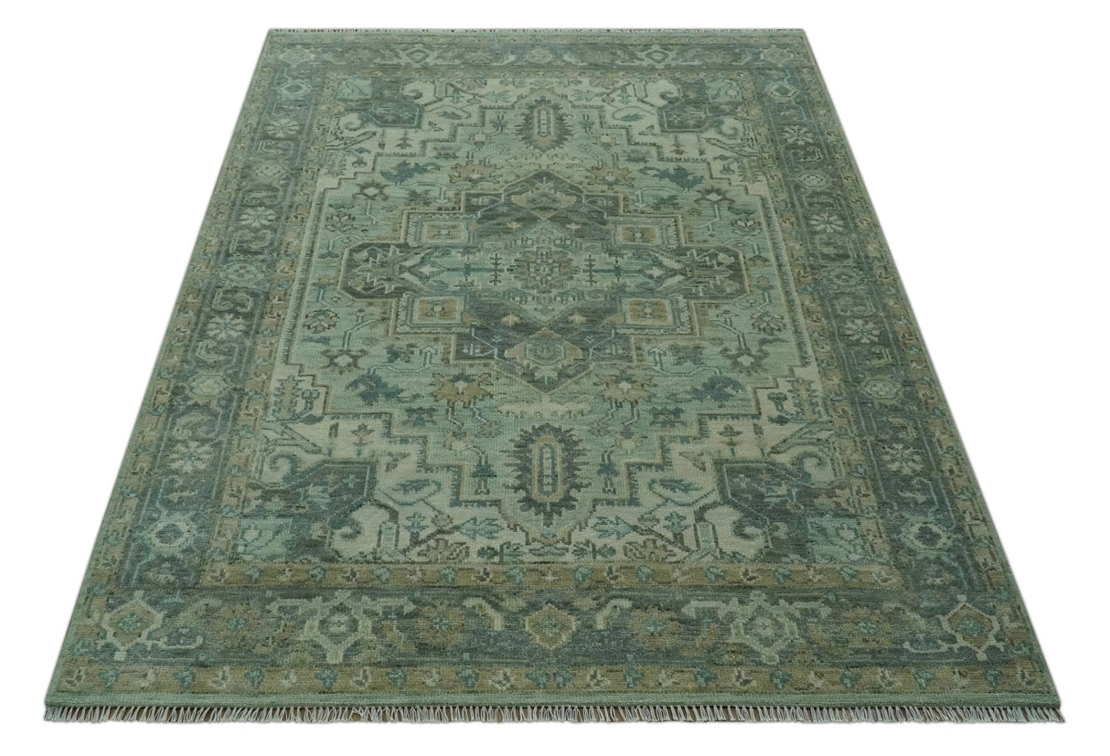 Custom Made Hand Knotted Green and Taupe Traditional wool rug