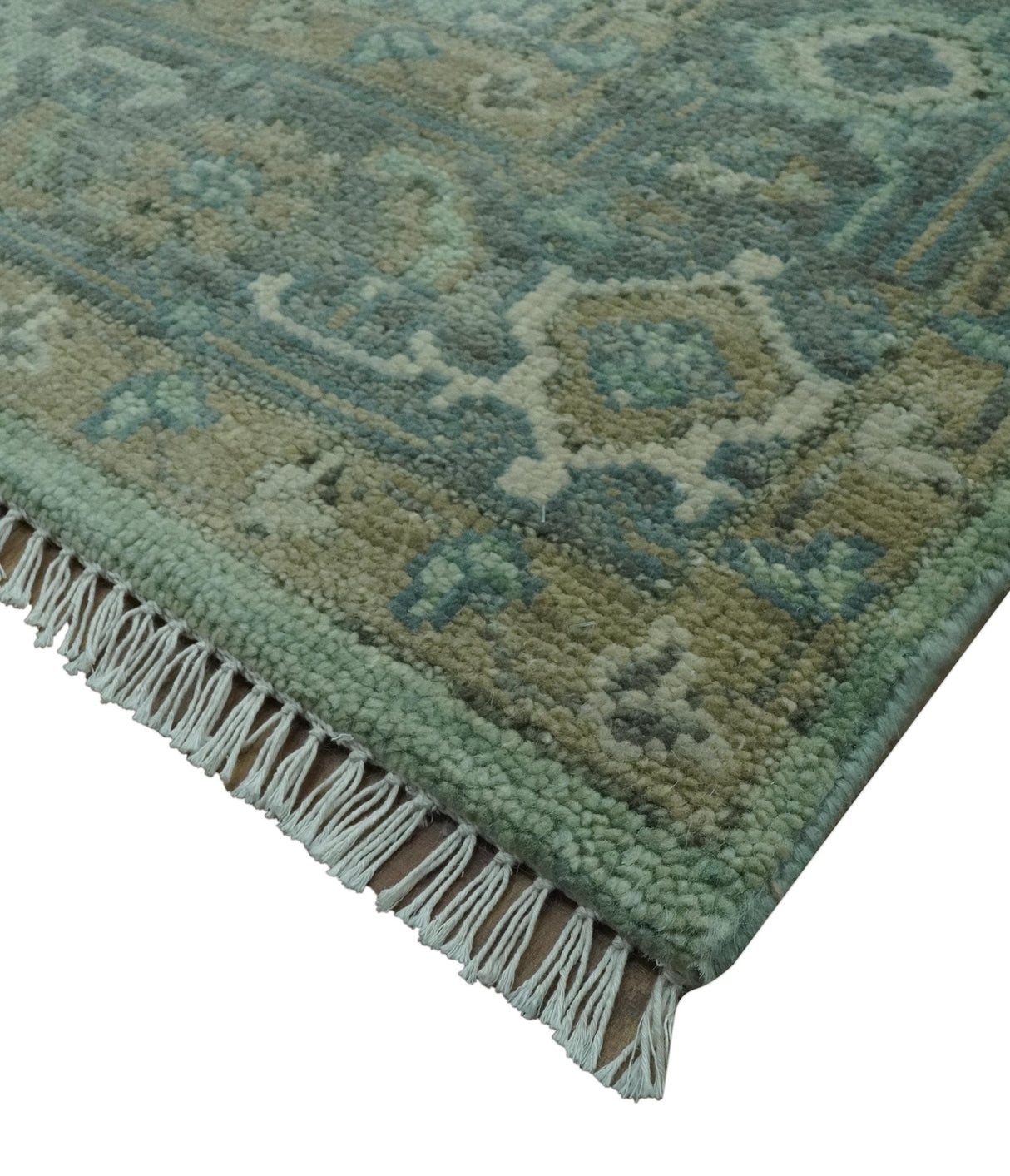 Custom Made Hand Knotted Green and Taupe Traditional wool rug
