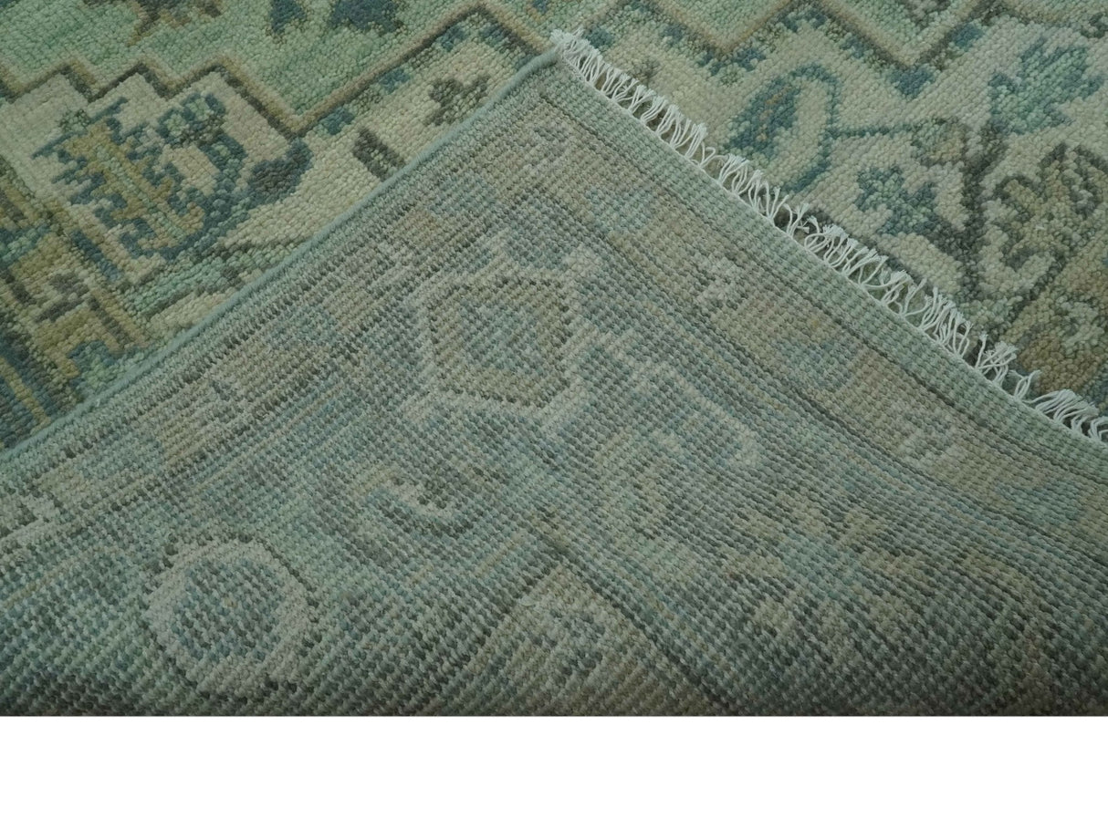Custom Made Hand Knotted Green and Taupe Traditional wool rug