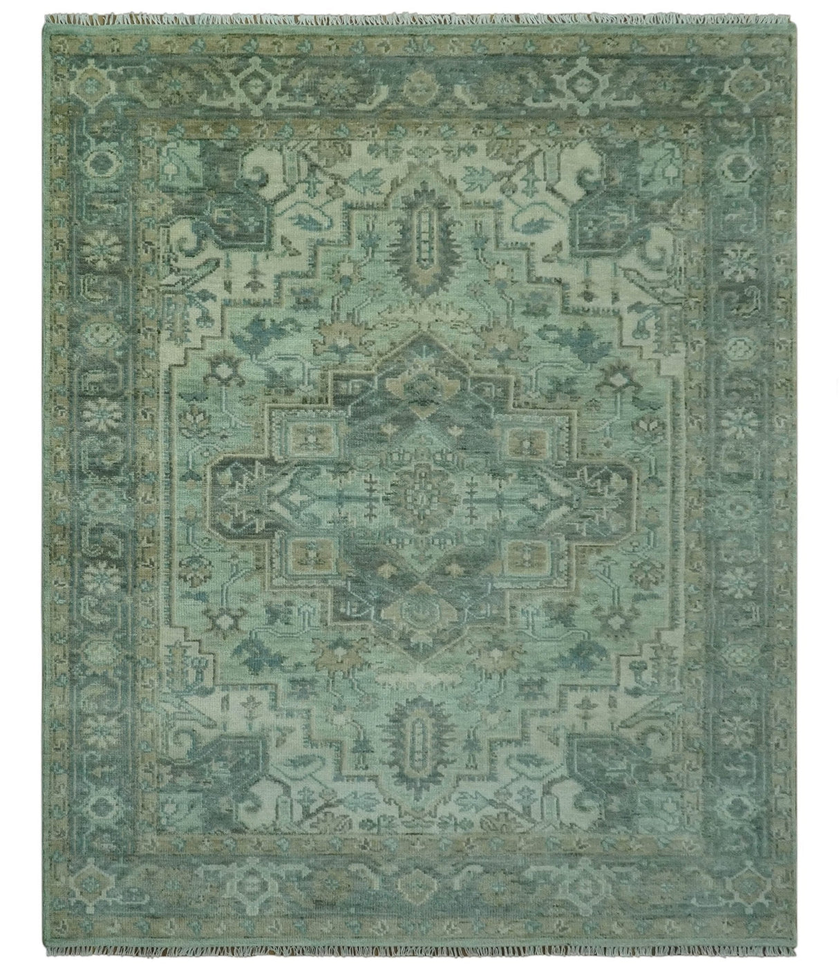 Custom Made Hand Knotted Green and Taupe Traditional wool rug