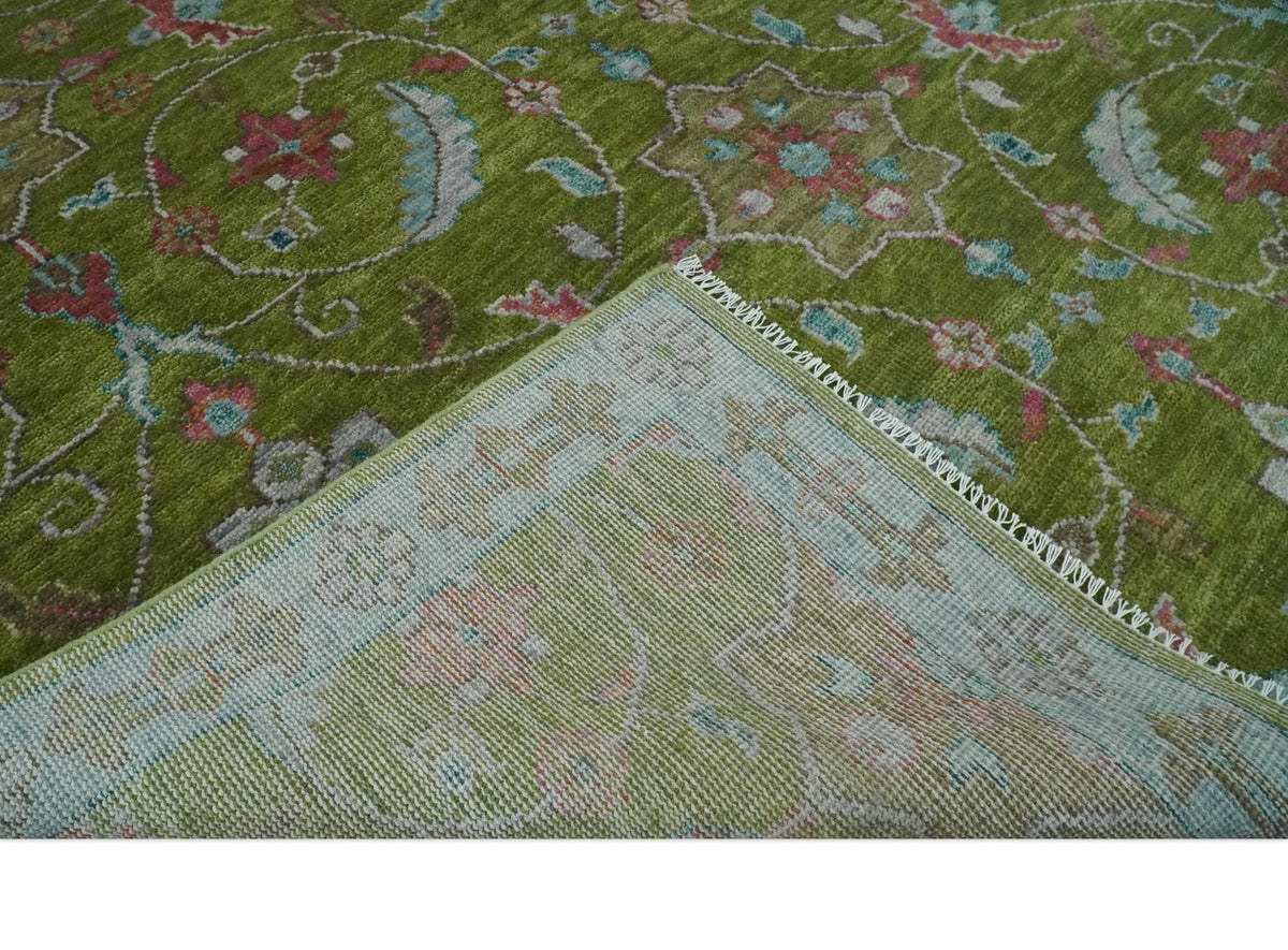 Custom Made Hand Knotted Green, Silver and Maroon Traditional Wool Area Rug