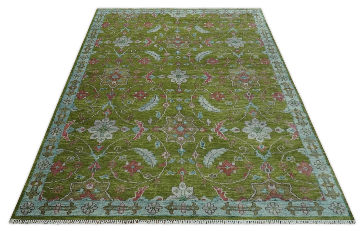 Custom Made Hand Knotted Green, Silver and Maroon Traditional Wool Area Rug