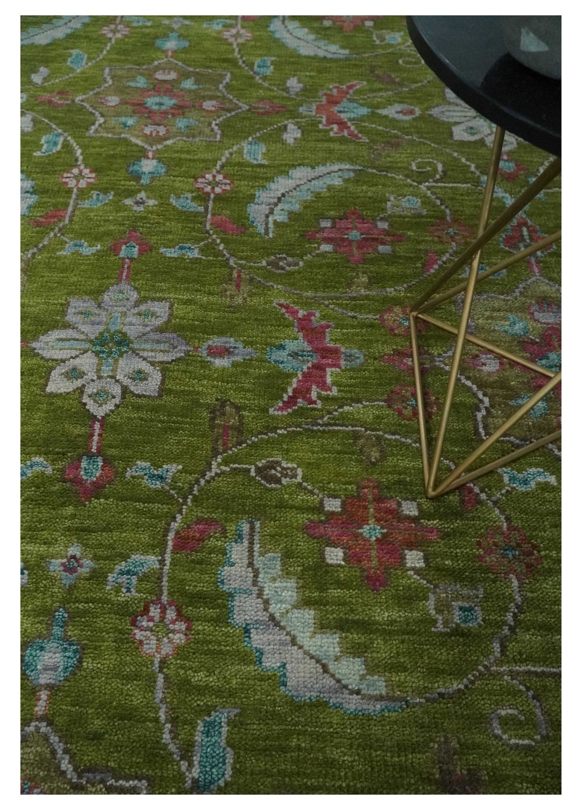 Custom Made Hand Knotted Green, Silver and Maroon Traditional Wool Area Rug