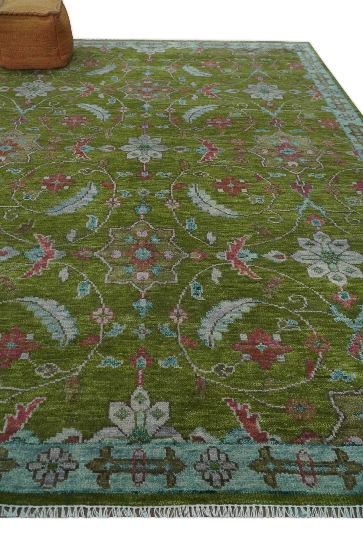 Custom Made Hand Knotted Green, Silver and Maroon Traditional Wool Area Rug