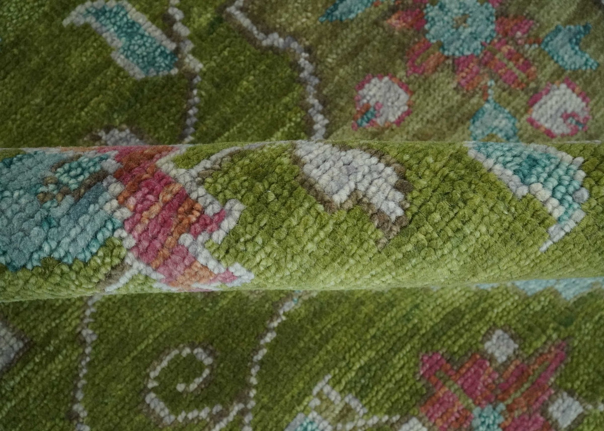 Custom Made Hand Knotted Green, Silver and Maroon Traditional Wool Area Rug