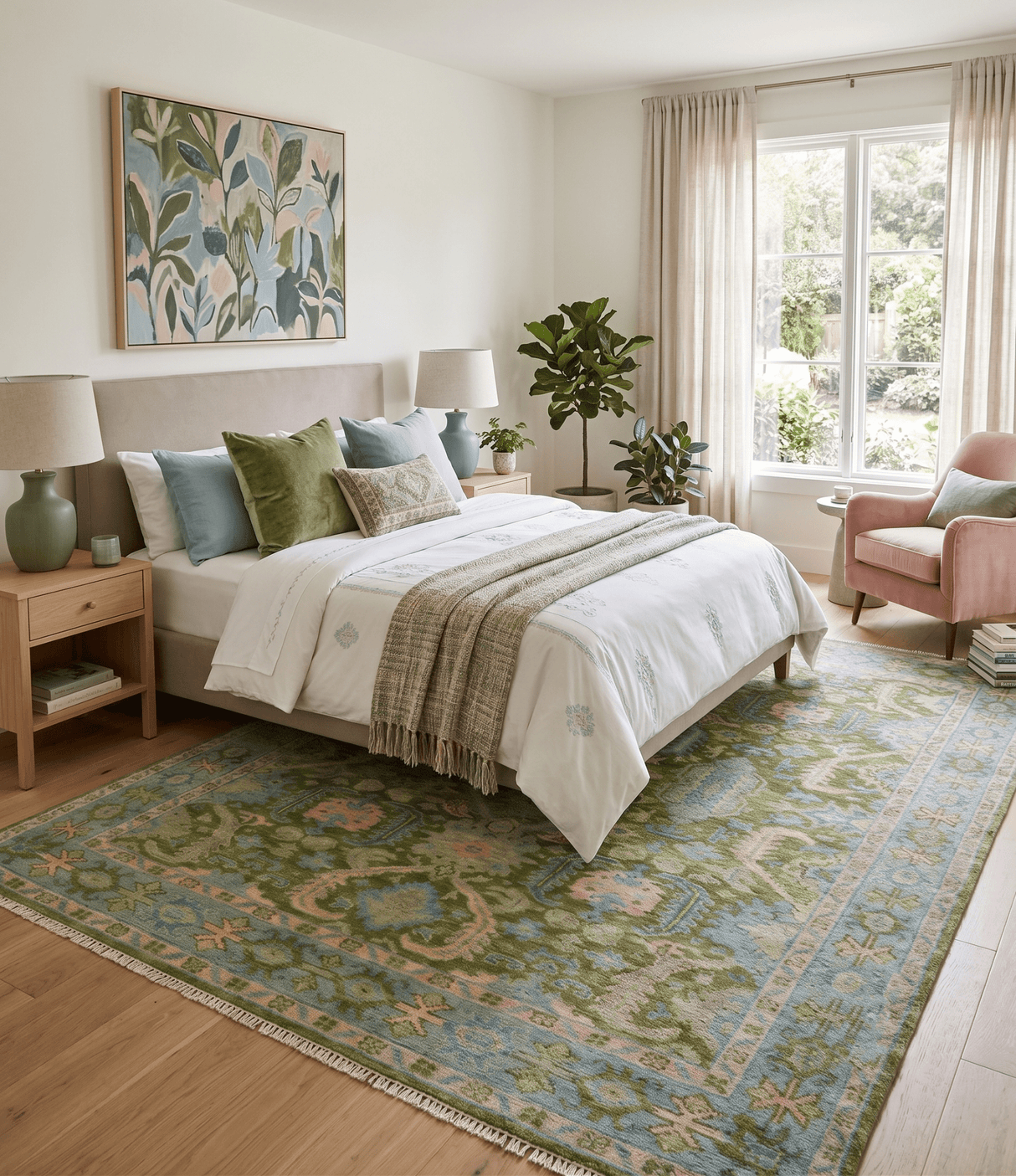 Custom Made Hand Knotted Green, Silver and Peach Traditional Oushak Wool Area Rug