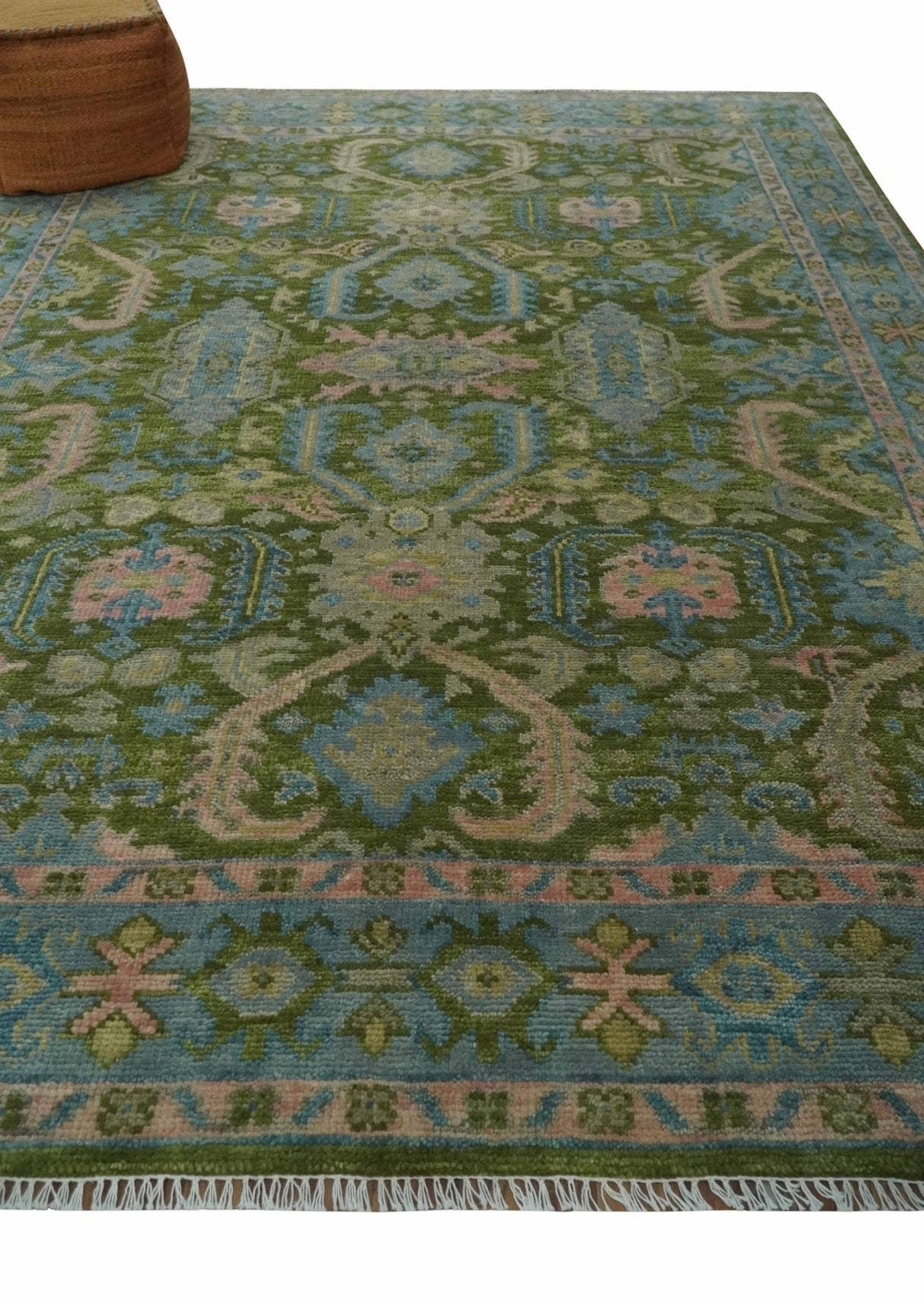 Custom Made Hand Knotted Green, Silver and Peach Traditional Oushak Wool Area Rug