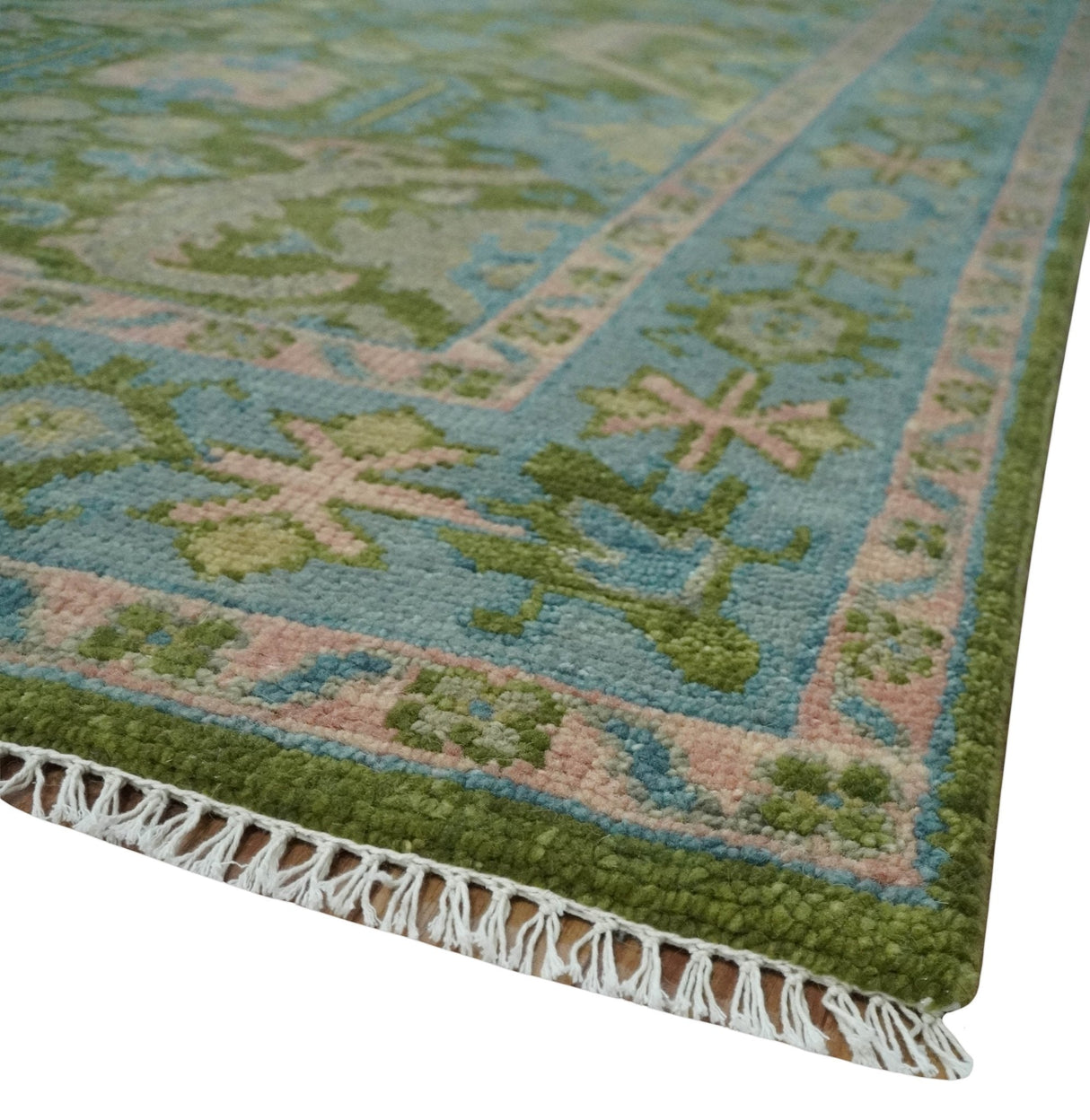 Custom Made Hand Knotted Green, Silver and Peach Traditional Oushak Wool Area Rug