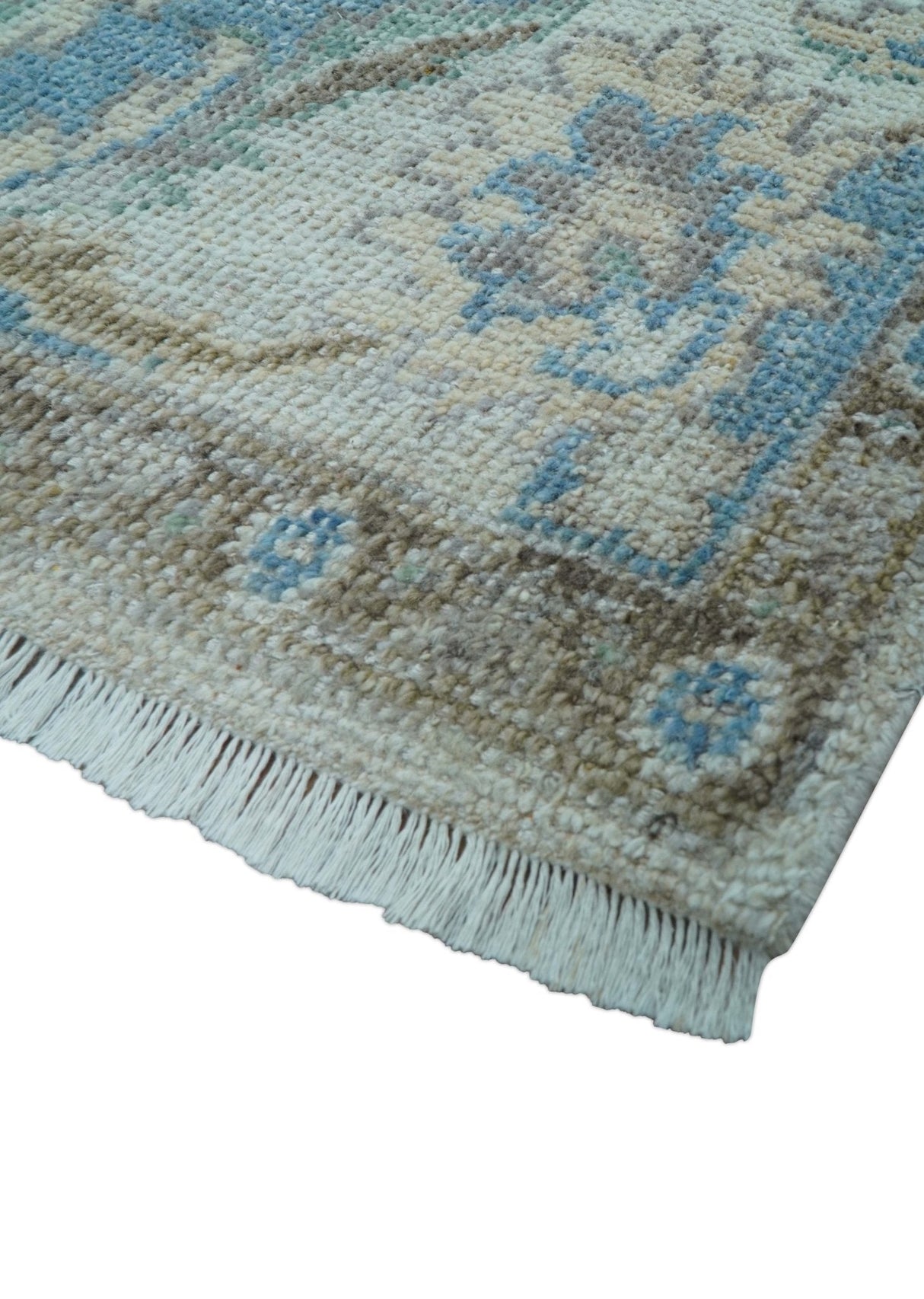 Custom Made Hand Knotted Ivory and Blue Traditional Turkish Afghan Wool Rug