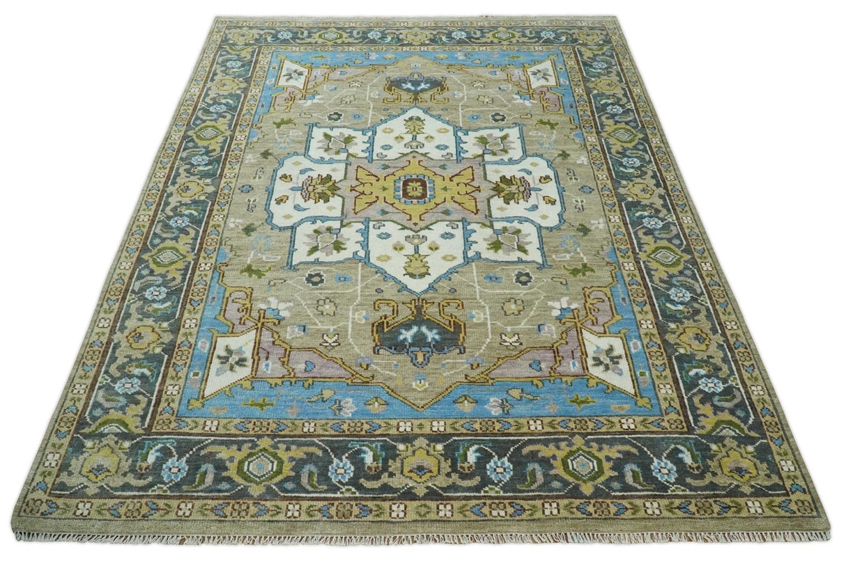 Custom Made Hand Knotted Ivory and Camel Traditional Heriz Wool Rug