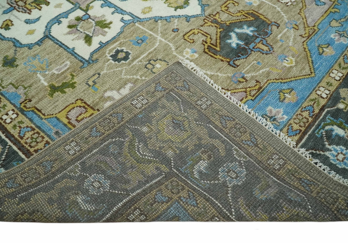 Custom Made Hand Knotted Ivory and Camel Traditional Heriz Wool Rug
