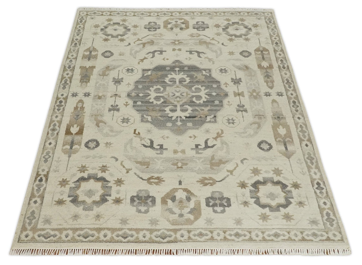 Custom Made Hand Knotted Ivory and Charcoal Medallion Pattern Wool Area Rug