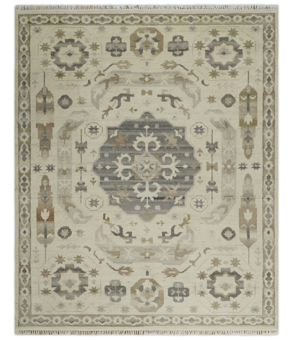 Custom Made Hand Knotted Ivory and Charcoal Medallion Pattern Wool Area Rug
