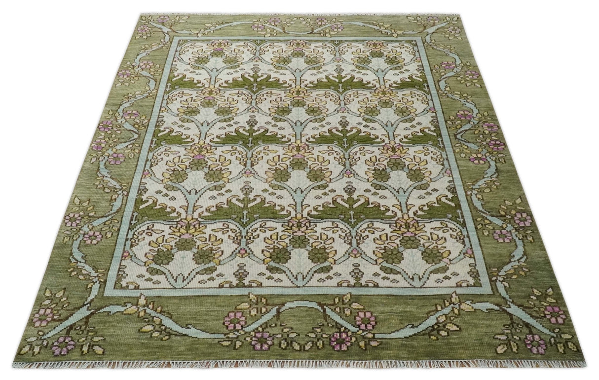 Custom Made Hand Knotted Ivory and Green Floral Traditional Style Wool Area Rug