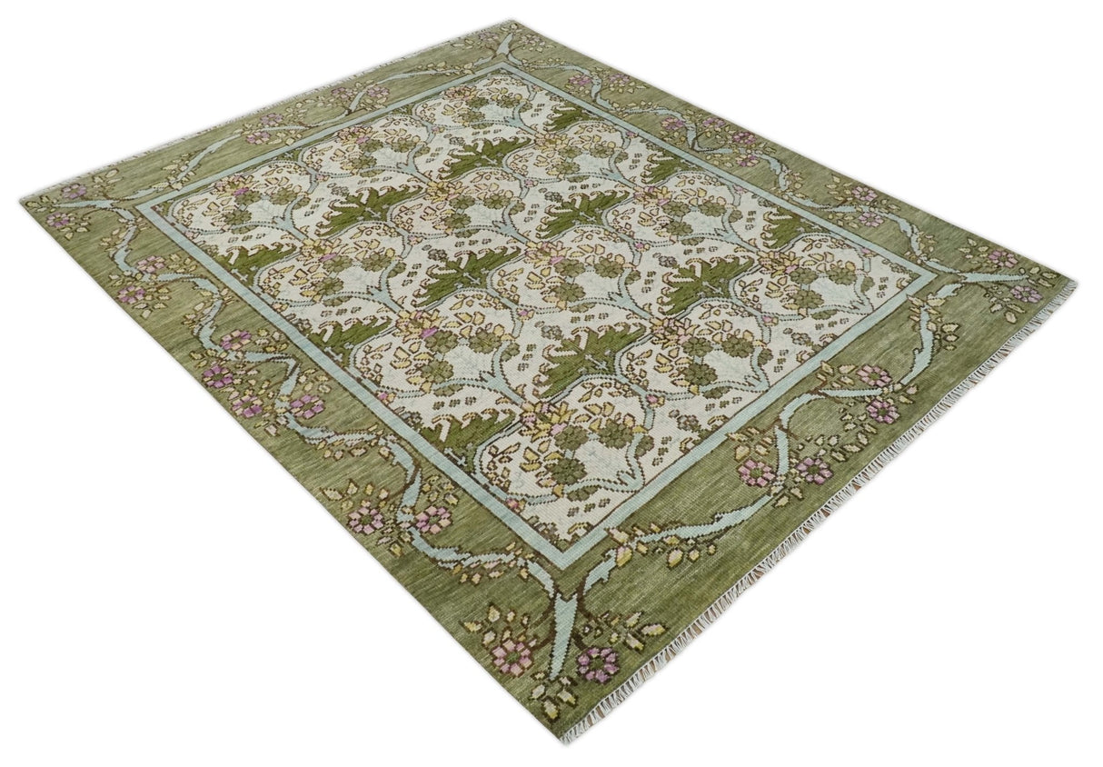 Custom Made Hand Knotted Ivory and Green Floral Traditional Style Wool Area Rug