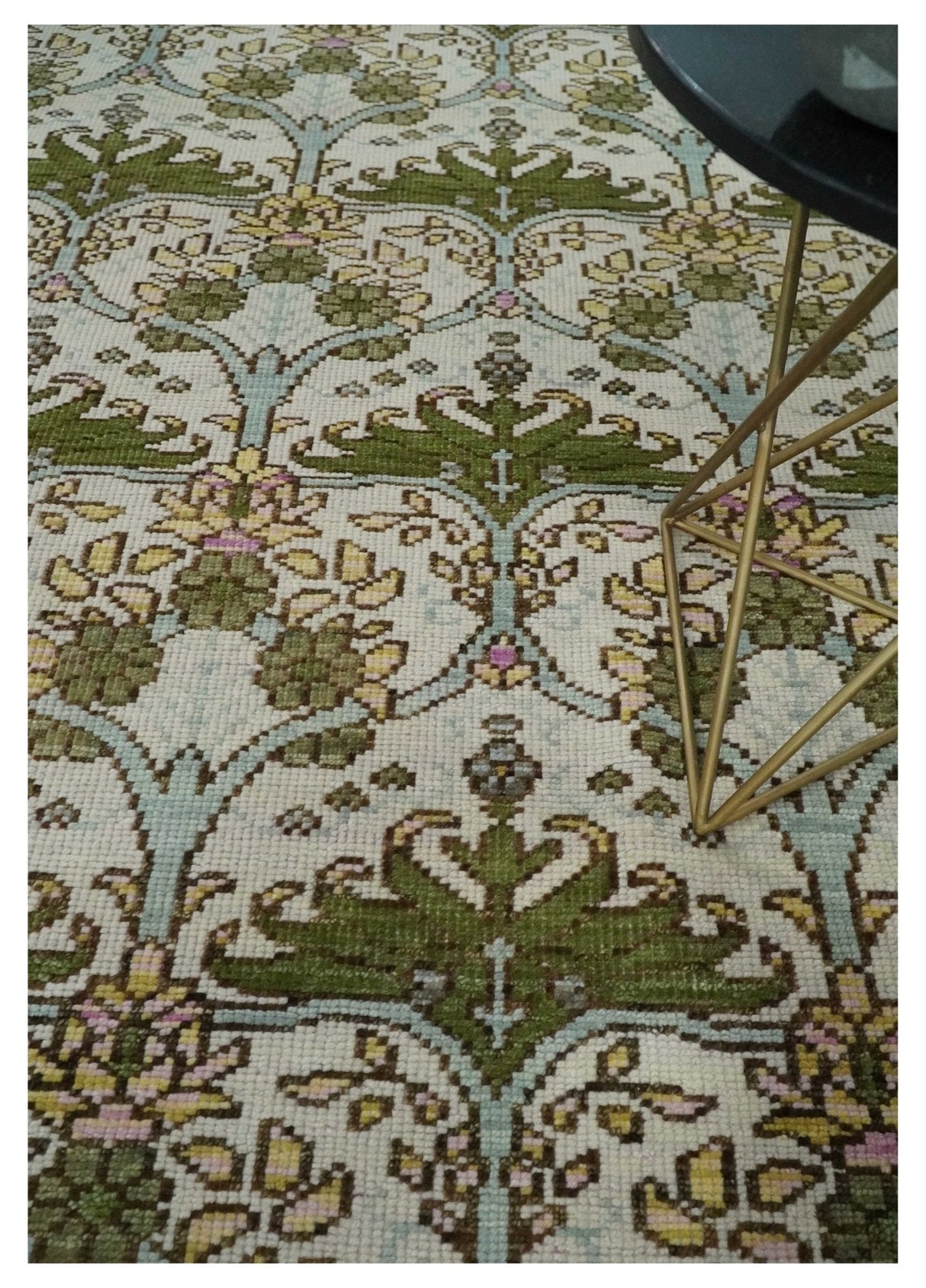 Custom Made Hand Knotted Ivory and Green Floral Traditional Style Wool Area Rug