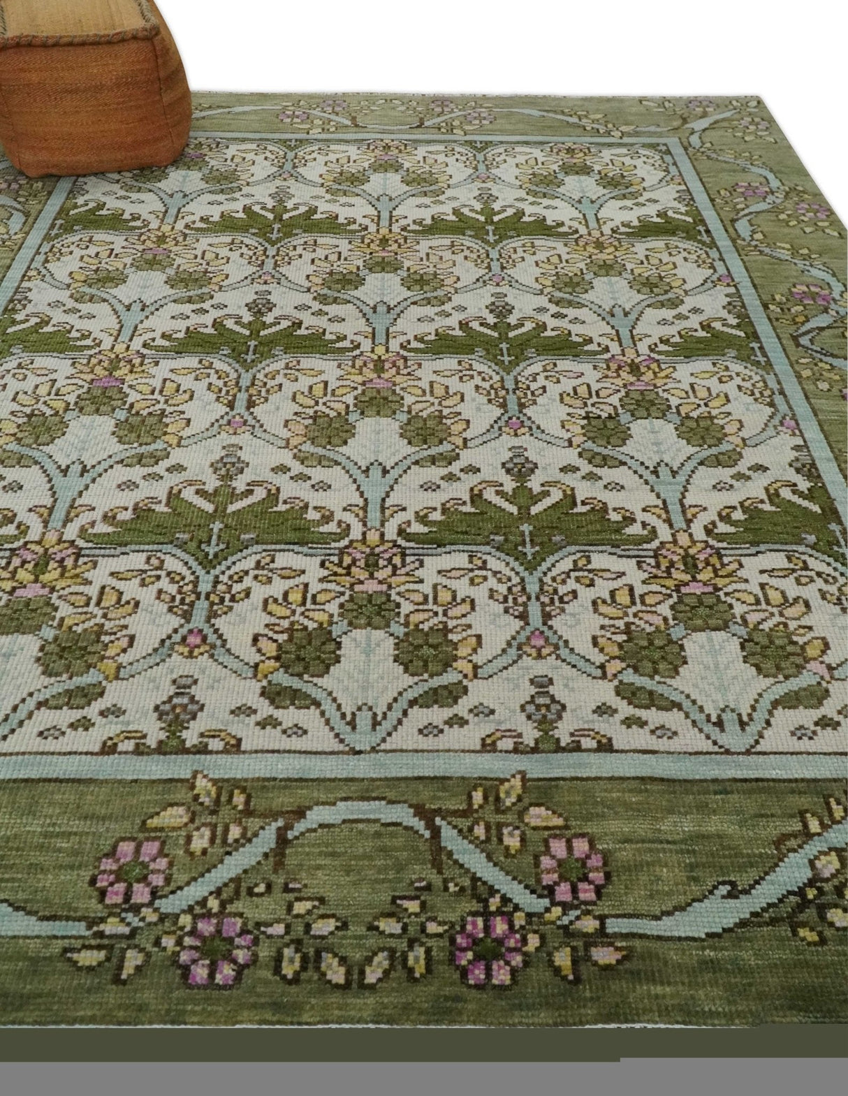 Custom Made Hand Knotted Ivory and Green Floral Traditional Style Wool Area Rug