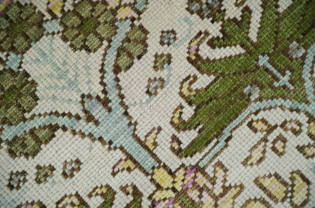 Custom Made Hand Knotted Ivory and Green Floral Traditional Style Wool Area Rug