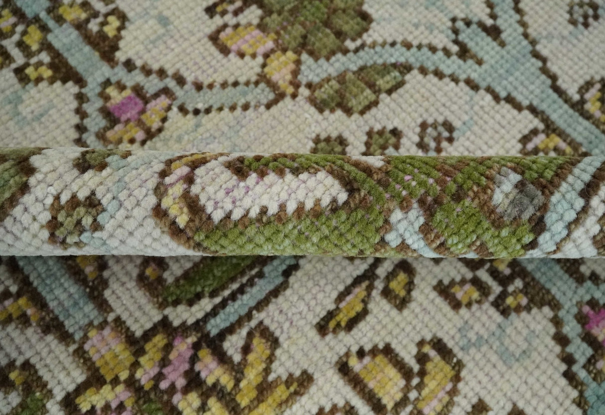 Custom Made Hand Knotted Ivory and Green Floral Traditional Style Wool Area Rug