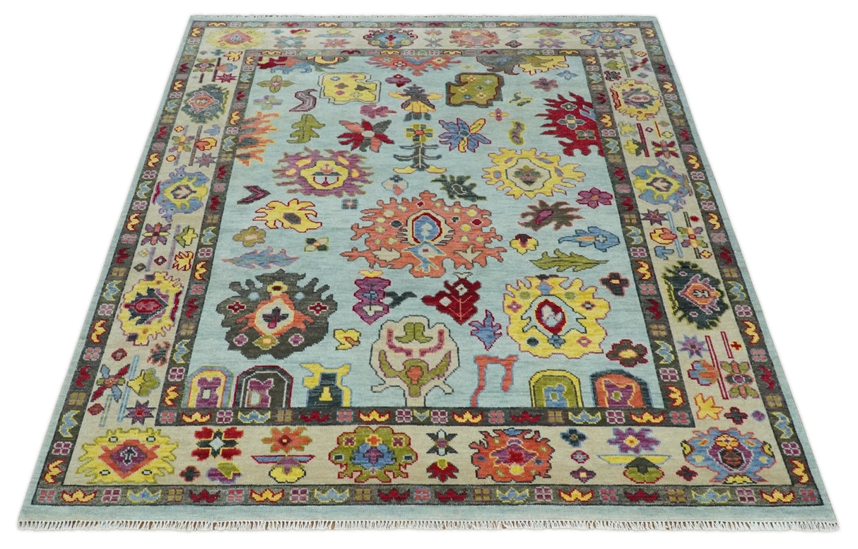 Custom Made Hand Knotted Modern Oushak Blue and Beige Wool Area Rug