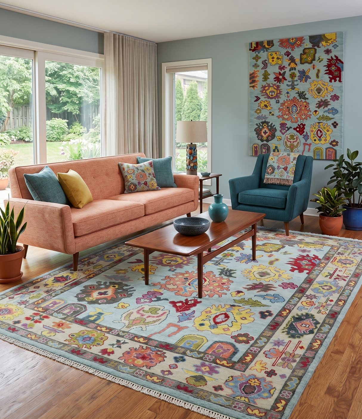 Custom Made Hand Knotted Modern Oushak Blue and Beige Wool Area Rug