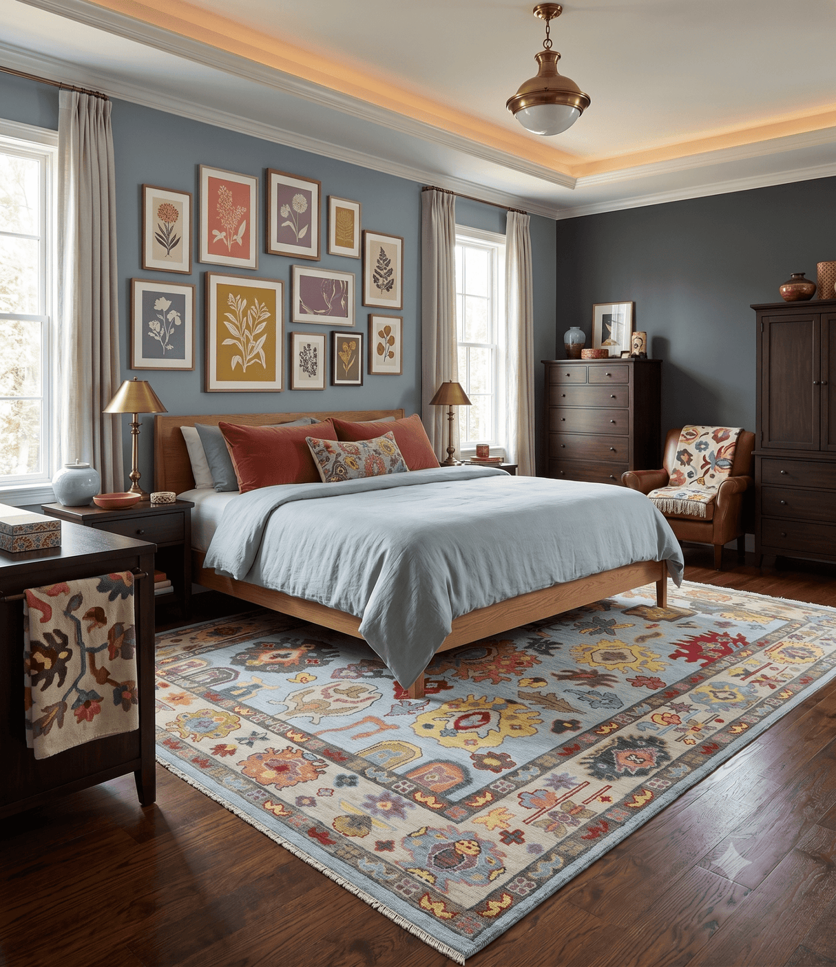 Custom Made Hand Knotted Modern Oushak Blue and Beige Wool Area Rug