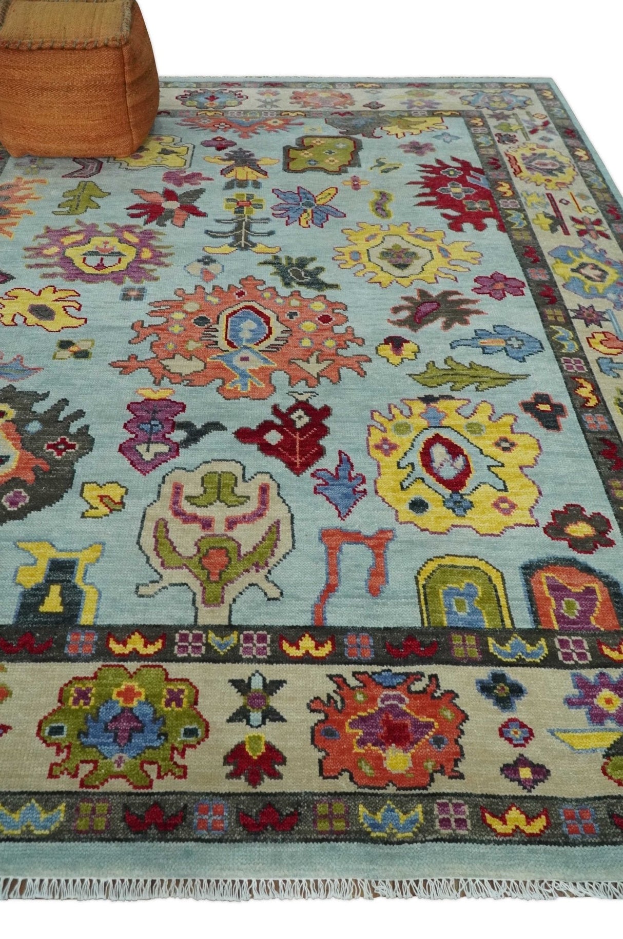 Custom Made Hand Knotted Modern Oushak Blue and Beige Wool Area Rug