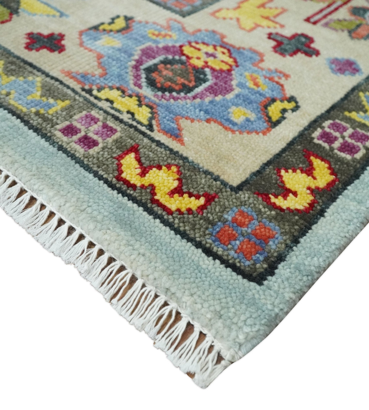 Custom Made Hand Knotted Modern Oushak Blue and Beige Wool Area Rug
