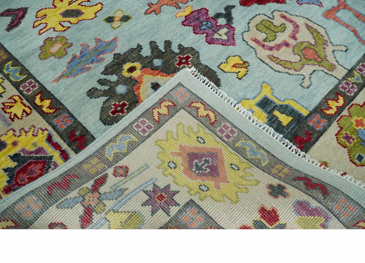 Custom Made Hand Knotted Modern Oushak Blue and Beige Wool Area Rug