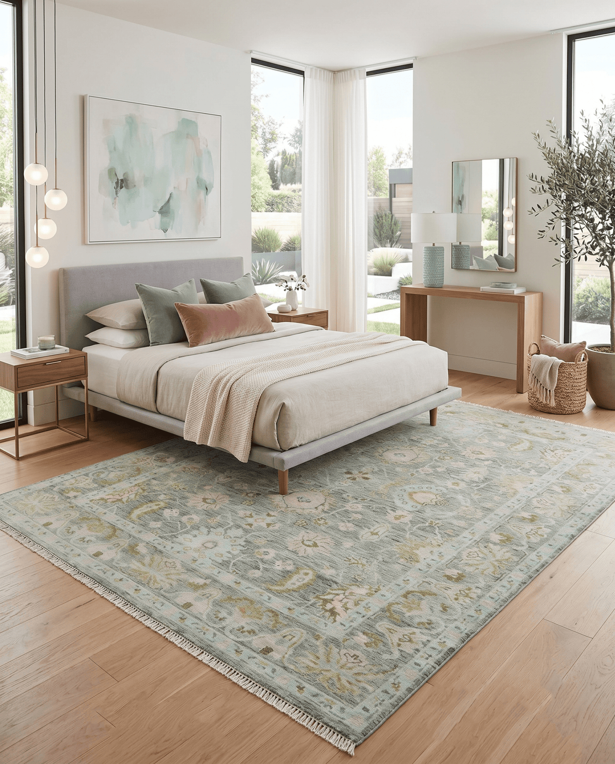 Custom Made Hand Knotted Moss Green Gray and Green Oriental Oushak Multi Size Traditional Wool Area Rug