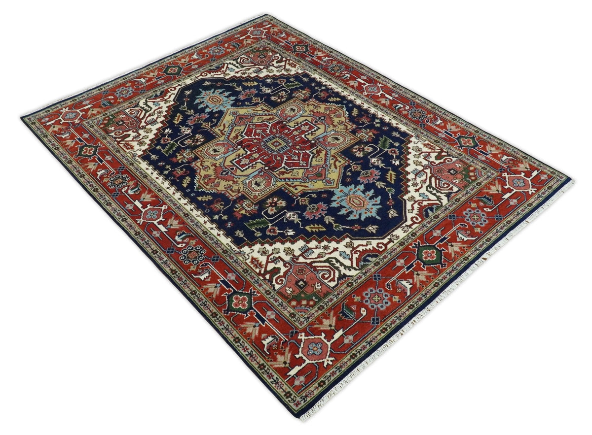 Custom Made Hand Knotted Multi Size Large Olive, Blue, Ivory and Rust Traditional Wool Rug