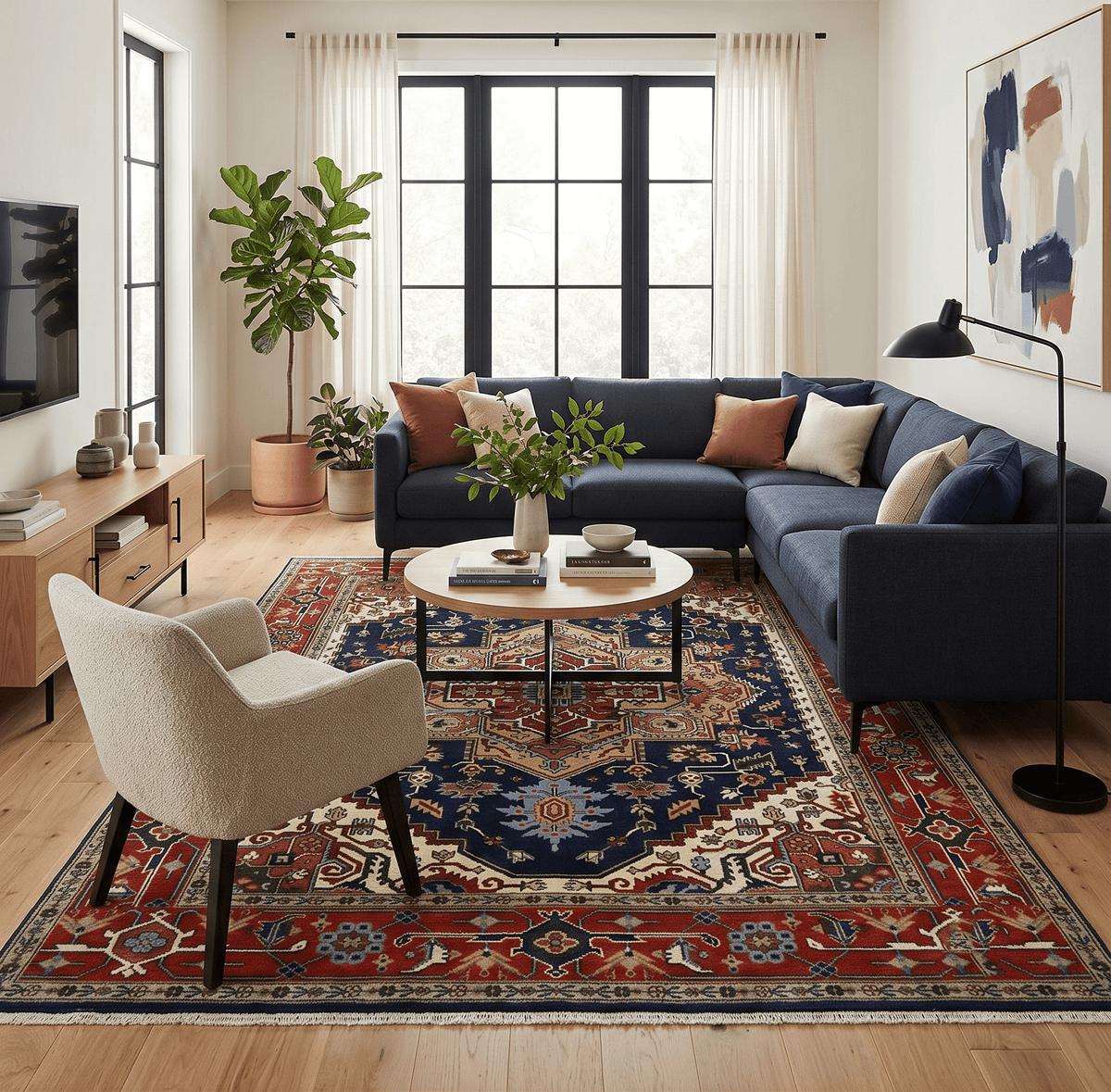 Custom Made Hand Knotted Multi Size Large Olive, Blue, Ivory and Rust Traditional Wool Rug