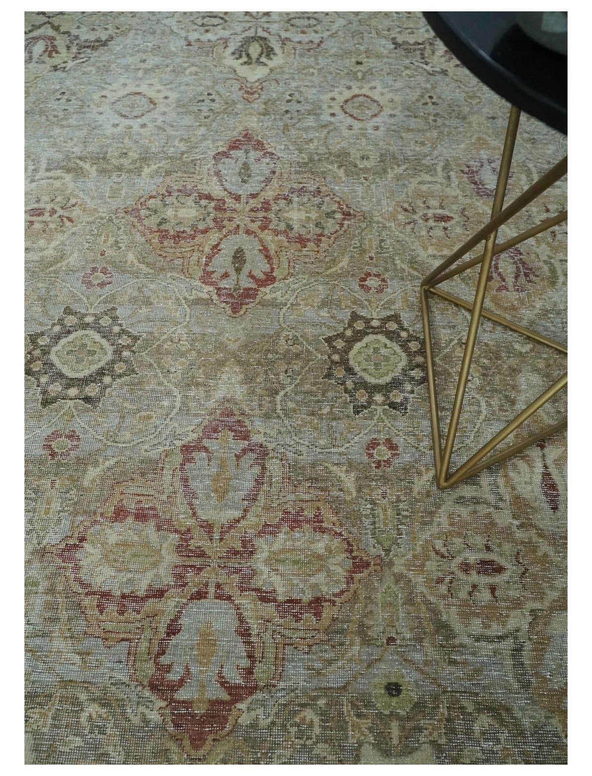 Custom Made Hand Knotted Olive and Rust Distressed Traditional Antique Look Wool Rug
