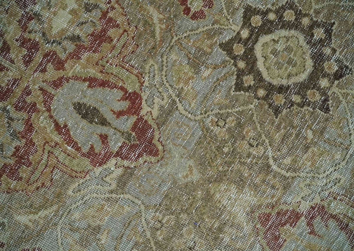 Custom Made Hand Knotted Olive and Rust Distressed Traditional Antique Look Wool Rug
