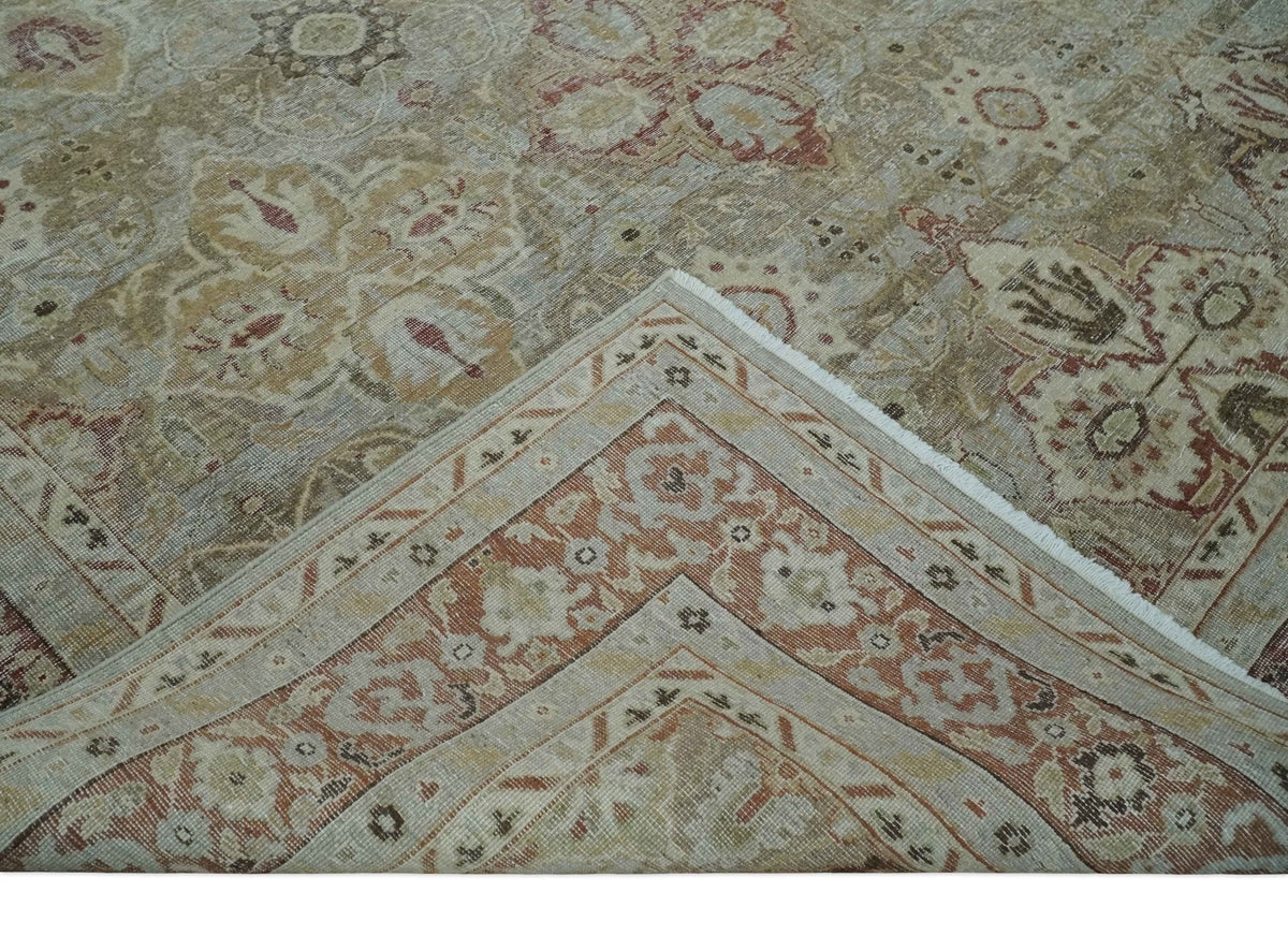 Custom Made Hand Knotted Olive and Rust Distressed Traditional Antique Look Wool Rug