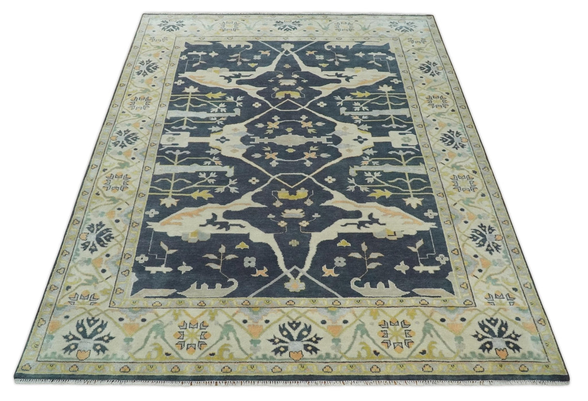 Custom Made Hand Knotted Oriental Oushak Charcoal, Ivory and Olive Wool Area Rug