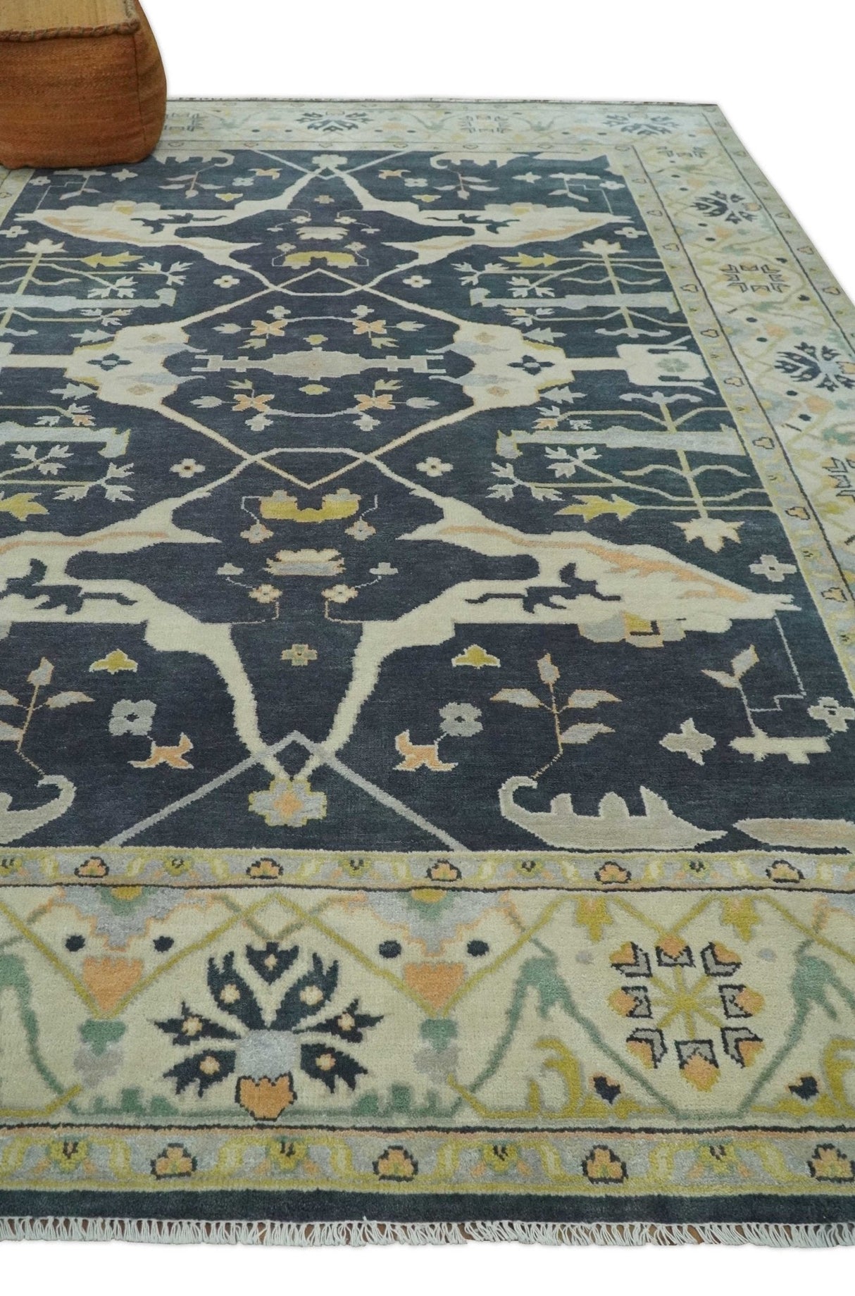 Custom Made Hand Knotted Oriental Oushak Charcoal, Ivory and Olive Wool Area Rug